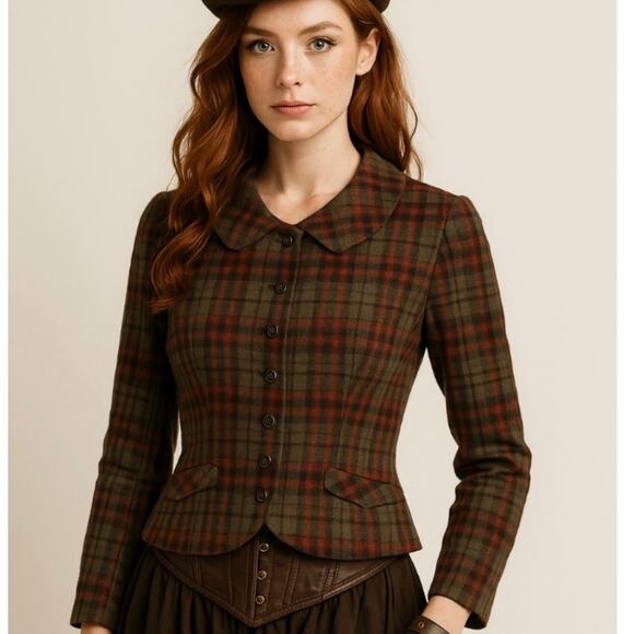 Vintage 40s 50s  Plaid Fitted Jacket  Peter Pan Collar Tailored Steampunk Blazer - Picture 1 of 12